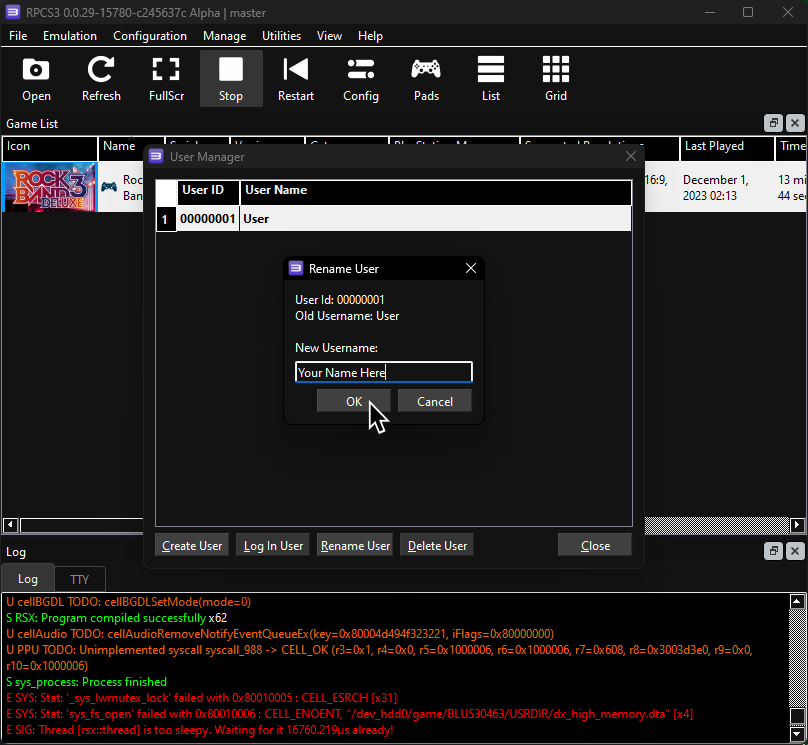 RPCS3's "Rename User", showing the user changing the name.