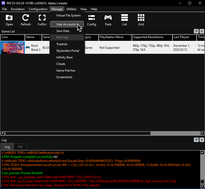 RPCS3 showing "User Accounts" option under the "Manage" menu.