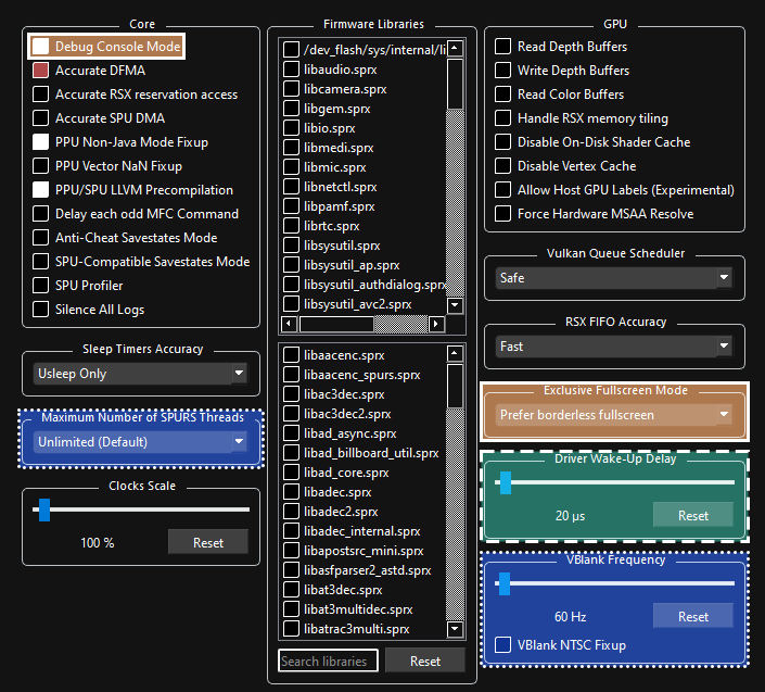 Una captura de la configuración personalizada avanzada, con "Driver Wake-Up Delay (1µ)" resaltado en un cuadro verde con una línea discontinua, "Exclusive Fullscreen Mode", "VBlank Frequency" y "Maximum Number of SPURS Threads" resaltados en cuadros azules con contornos punteados, y "Debug Console Mode" resaltado en un cuadro bronceado con un contorno solido.