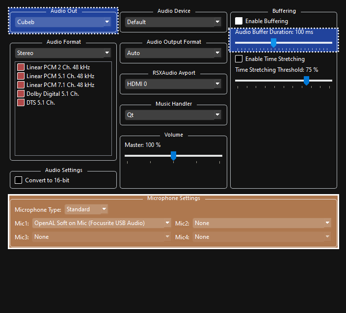 A screenshot of Rock Band 3's Audio custom settings, highlighting Enable Buffering in green with a dashed outline, Audio Buffer and Audio Out highlighted in blue with a dotted outline, and Microphone Settings, Microphone Type (Standard), Mic1, Mic2, Mic3, and Mic4 highlighted in tan with a solid outline.