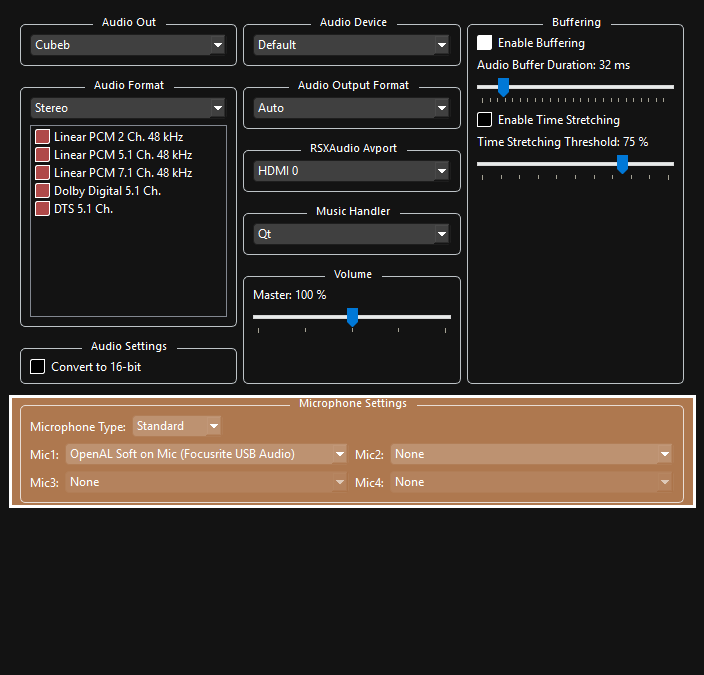 A screenshot of Rock Band 3's Audio custom settings, highlighting "Microphone Settings", "Microphone Type" ("Standard"), "Mic1", "Mic2", "Mic3", and "Mic4" in tan with a solid outline.