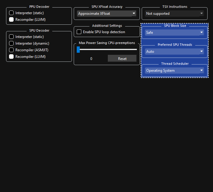 A screenshot of Rock Band 3's CPU custom settings, showing SPU XFloat Accuracy, SPU Block Size, Preferred SPU Threads, and Thread Scheduler highlighted in blue with a dotted outline.