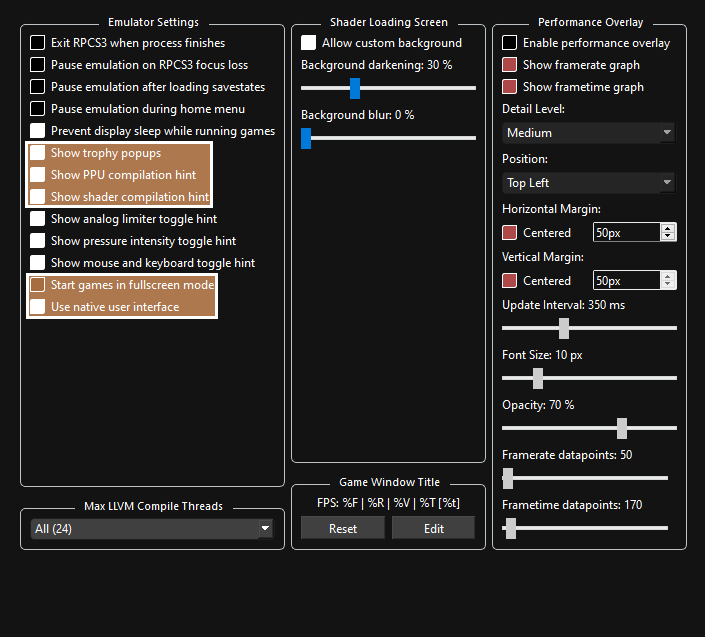 Una captura de la configuración personalizada del emulador de Rock Band 3, mostrando "Show trophy popups", "Show PPU compilation hint", "Show Shader Compilation hint", "Start Games in fullscreen mode", y "Use native user interface." resaltados en cuadros bronceados con contornos solidos.