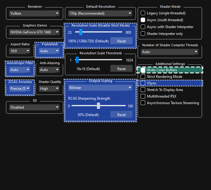 Una captura de la configuración personalizada de la GPU de Rock Band 3, resaltando Write Color Settings en un cuadro verde con una línea discontinua, ZCULL Accuracy, Resolution Scale, Anisotropic Filtering, Anti-Alising, Framelimit, Output Scaling y VSync resaltados en un cuadro azul con contorno punteado.