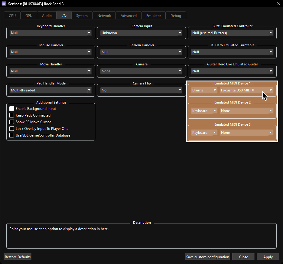 A screenshot of Rock Band 3's I/O custom settings, showing Emulated MIDI Devices, device type, and device selection highlighted in tan with a solid outline.