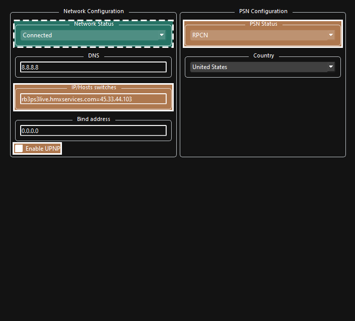 A screenshot of Rock Band 3's Network custom settings, highlighting Network Status (Connected) in green with a dashed outline, IP/Hosts switches (set to rb3ps3live.hmxservices.com=45.33.44.103), PSN Status (RPCN), and Enable UPNP (not checked) highlighted in tan with a solid outline.