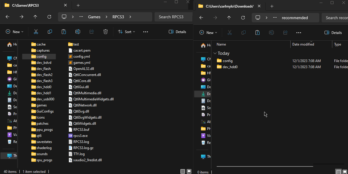 A GIF of "config" and "dev_hdd0" from "recommended.zip" being moved into its proper location in RPCS3's folder.