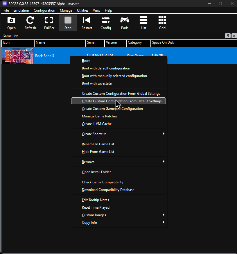 A screenshot of RPCS3's right click menu, showing "Create Custom Configuration From Default Settings" highlighted