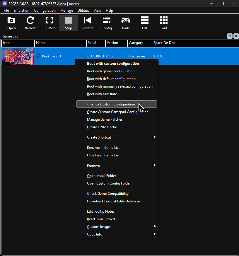 Una captura del menú de clic derecho de RPCS3, mostrando "Change Custom Configuration" (Cambiar configuración personalizada) resaltado.