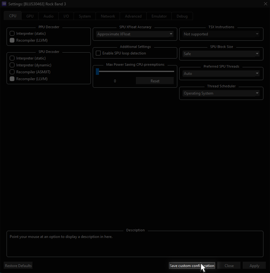 A screenshot of Rock Band 3's Custom Configuration within RPCS3 with a mouse hovering over "Save custom configuration".