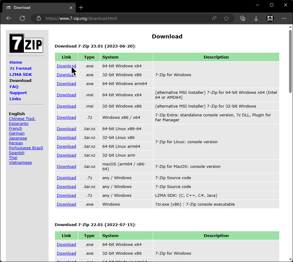 A screenshot of 7-zip.org's download page, with a cursor hovering over the 64 bit .exe installer.