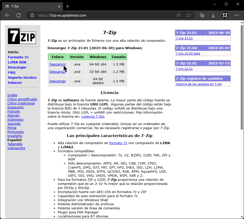 Una captura de la pagina para descargar 7-Zip, con el cursor sobre el instalador .exe de 64 bits.