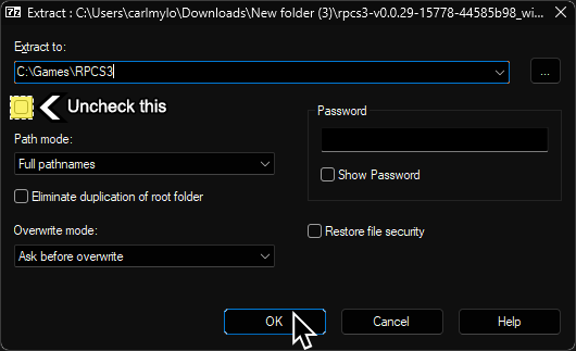 A screenshot of the Extract window from 7-zip. It shows the "Extract to" as C:\Games\RPCS3 and the box below it unchecked.