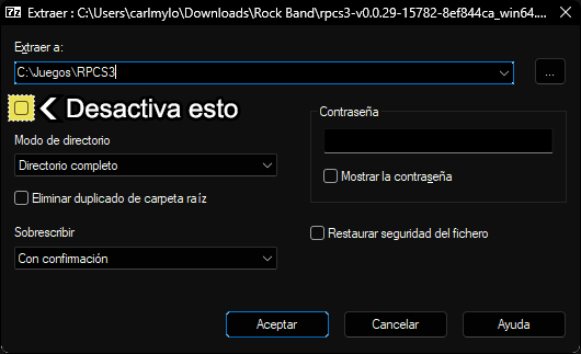 Una captura de la ventana de extracción de 7-zip. Muestra "Extract to" (Extrae archivos...) como C:\Games\RPCS3 y el cuadro debajo de ella desmarcada.