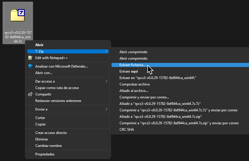 Una captura del menú contextual de Windows con el cursor en "Extraer ficheros...") en la categoría de 7-Zip.