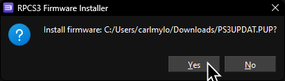 A screenshot of RPCS3's Firmware Installer asking the user if they want to install the firmware named "PS3UPDAT.PUP."