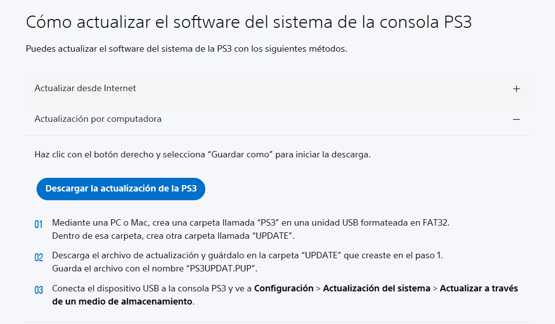 Una captura de la página "Cómo actualizar el software del sistema de la consola PS3" de Sony con la subcategoría "Actualización por computadora" expandida.