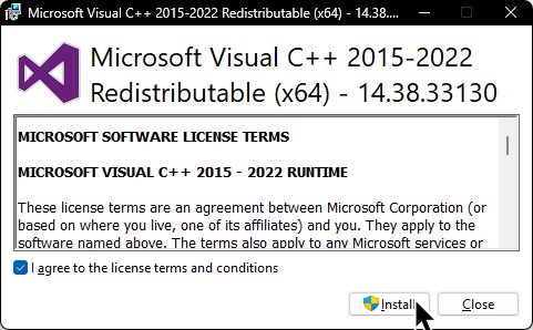 A screenshot of Microsoft Visual C++ 2019 Redistributable's installer prompting the user to accept the license terms and conditions and to install.