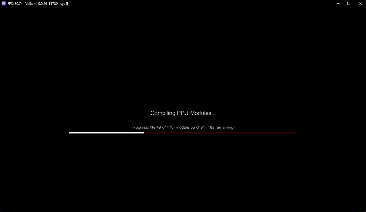 Una captura de RPCS3 compilando módulos PPU con una barra de progreso en 1/8 de finalización.