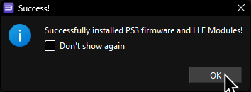 A screenshot of RPCS3's Firmware Installer after a successful install of PS3 firmware and LLE modules.