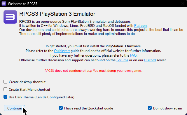 Una captura de pantalla de RPCS3 dando la bienvenida al usuario.