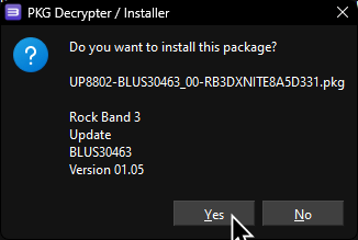 A screenshot of RPCS3's Decrypter/ Installer asking if the user wants to install the Rock Band 3 Deluxe package file.