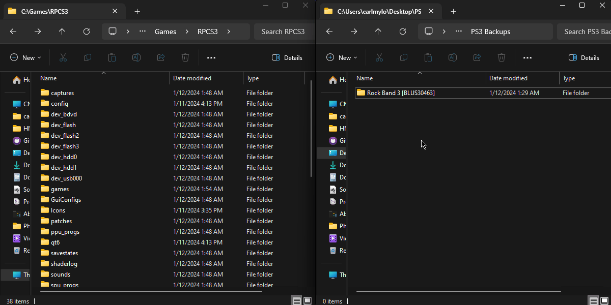 A GIF of the dumped folder of Rock Band 3 being dragged into RPCS3's "games" folder.