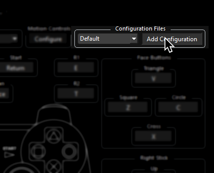 A screenshot of the top right of RPCS3's Pads window. "Add Configuration" is being clicked on by the mouse cursor.