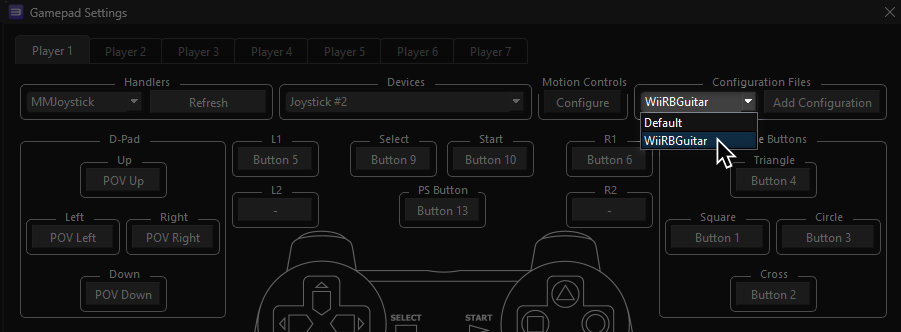 A screenshot of RPCS3's Gamepad Settings, showing the cursor over a profile.