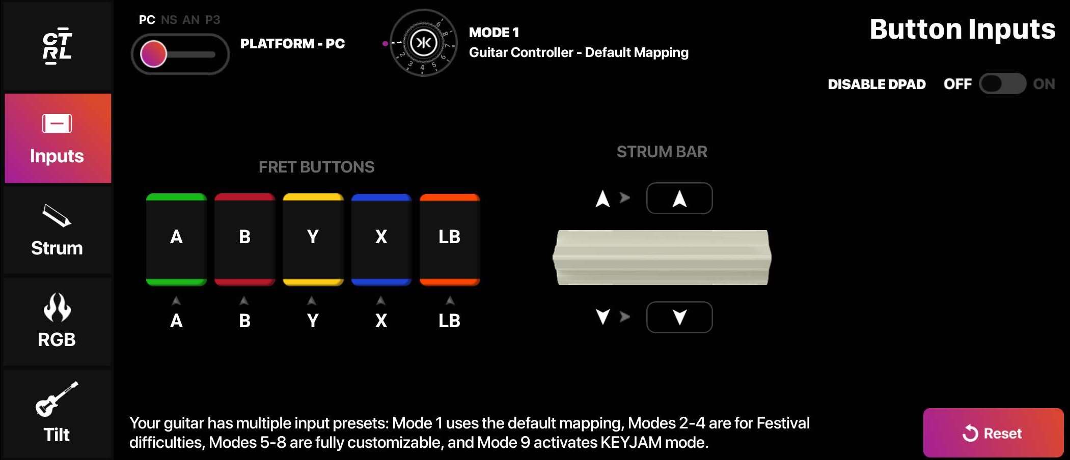 A screenshot of the CRKD CTRL application. The guitar is configured for PC and it's set to Mode 1, which is the default mapping. Disable DPad is Off.