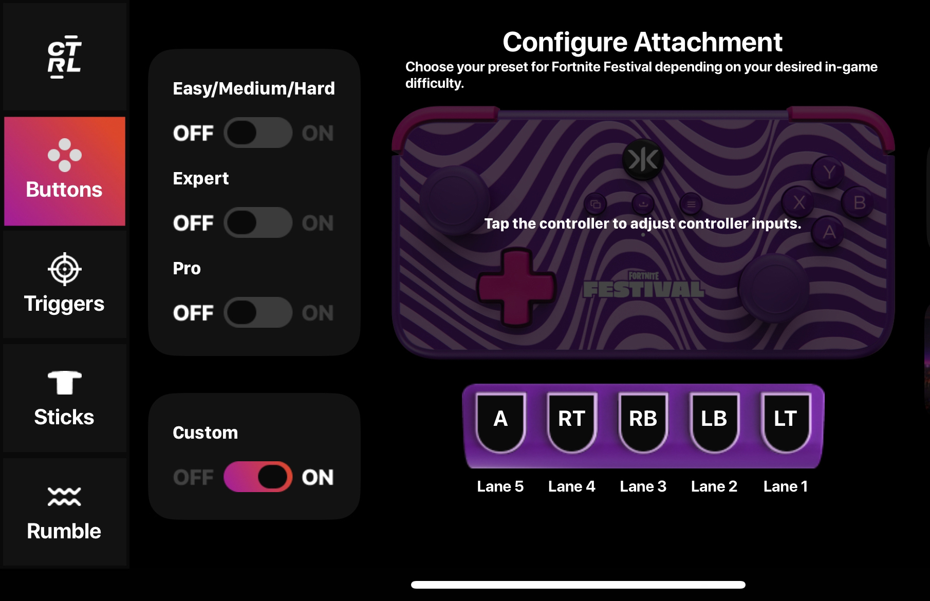 A screenshot of the CRKD CTRL application. Easy/Medium/Hard, Expert, and Pro are set to off. Custom is switched to on. Lane 1 is set to LT. Lane 2 is set to LB. Lane 3 is set to RB. Lane 4 is set to RT. Lane 5 is set to A.