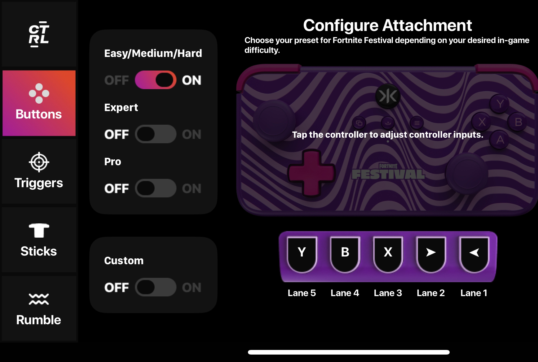 A screenshot of the CRKD CTRL application. Easy/Medium/Hard, Expert, and Pro are set to off. Custom is switched to on. Lane 1 is set to LT. Lane 2 is set to LB. Lane 3 is set to RB. Lane 4 is set to RT. Lane 5 is set to A.