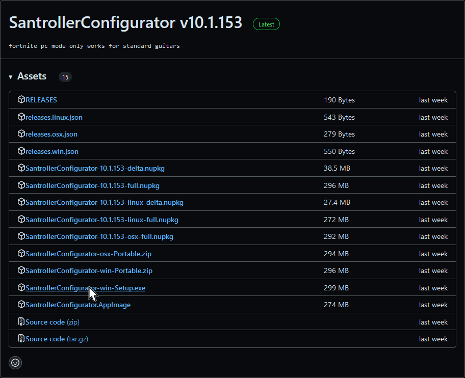 A screenshot of Santroller's Github download page, hovering over the Windows installer.