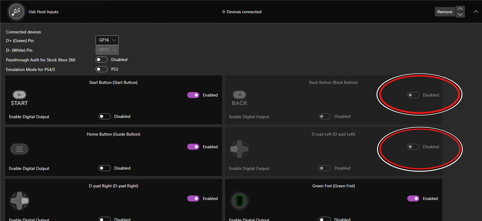 A screenshot of SantrollerConfigurator, in the "Usb Host Inputs" section. There are circles over the disabled Back and D-pad Left buttons, showing them as disabled.