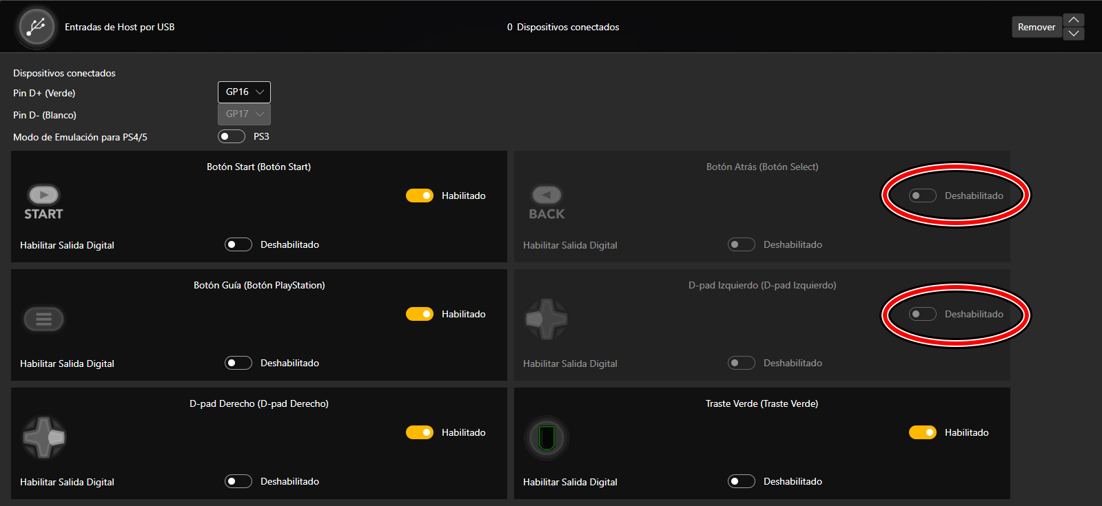 Una captura de Santroller, en la sección de "Entradas de Host por USB". Hay círculos sobre los botones deshabilitados.
