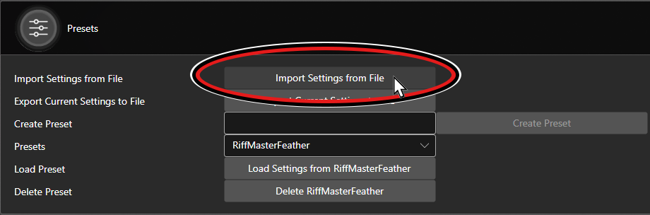 A screenshot of SantrollerConfigurator, with a cursor hovering over "Import Settings from File" under the "Presets" configuration.