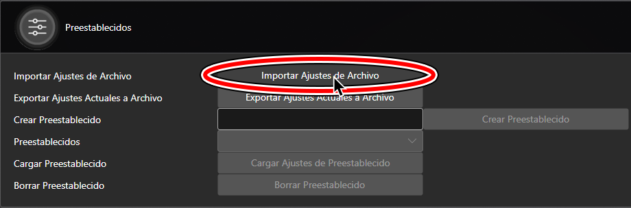 Una captura de Santroller, en la sección de "Preestablecidos" con el cursor sobre "Importar Ajustes de Archivo."