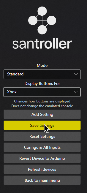 A screenshot of Santroller. The cursor is hovering over "Save Settings".