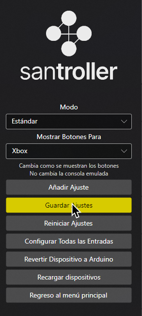 Una captura de Santroller, con el cursor sobre Guardar Ajustes.