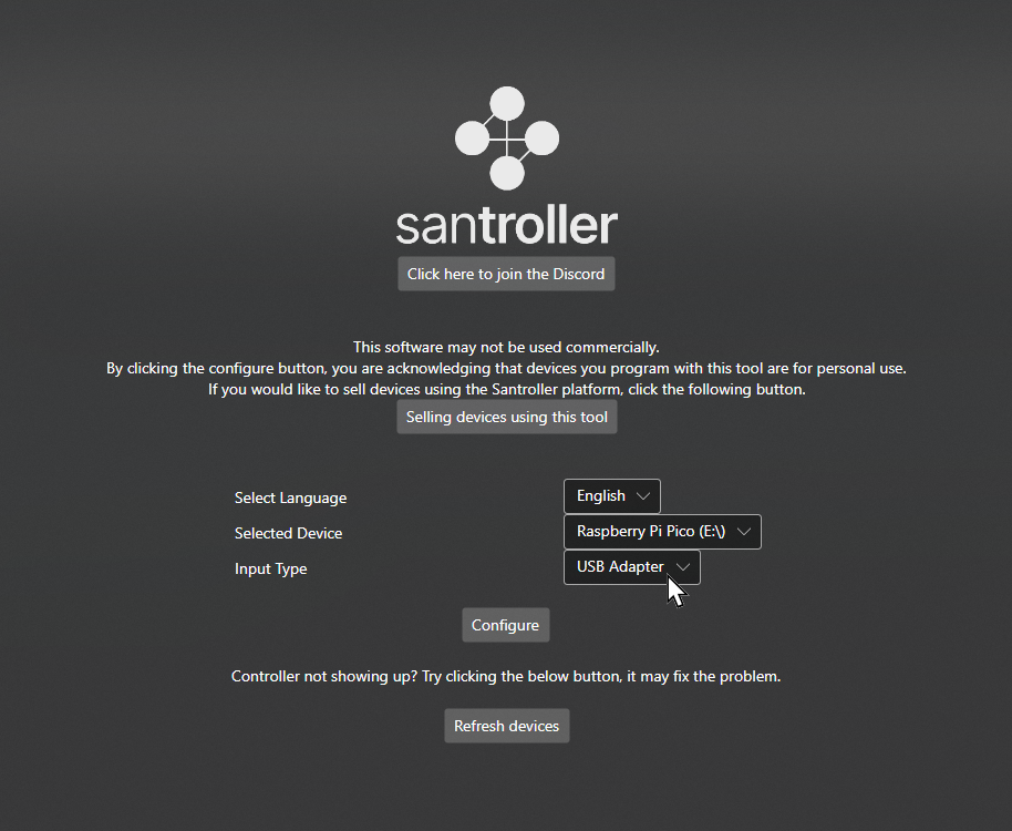 A screenshot of SantrollerConfigurator, with a cursor hovering over "USB Adapter," next to "Input Type."