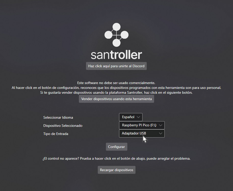 Una captura de Santroller, con el cursor sobre "Adaptador USB" para la derecha de "Tipo de Entrada."