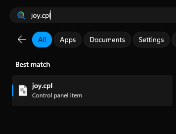 A screenshot of Windows showing the search results of joy.cpl.