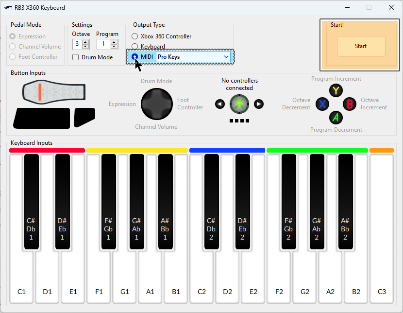 A screenshot of RB3_X360_Keyboard, showing "MIDI" in the "Output Type" section set to "Pro Keys" and highlighted in blue with a dotted outline. "Start" is highlighted in tan with a solid outline