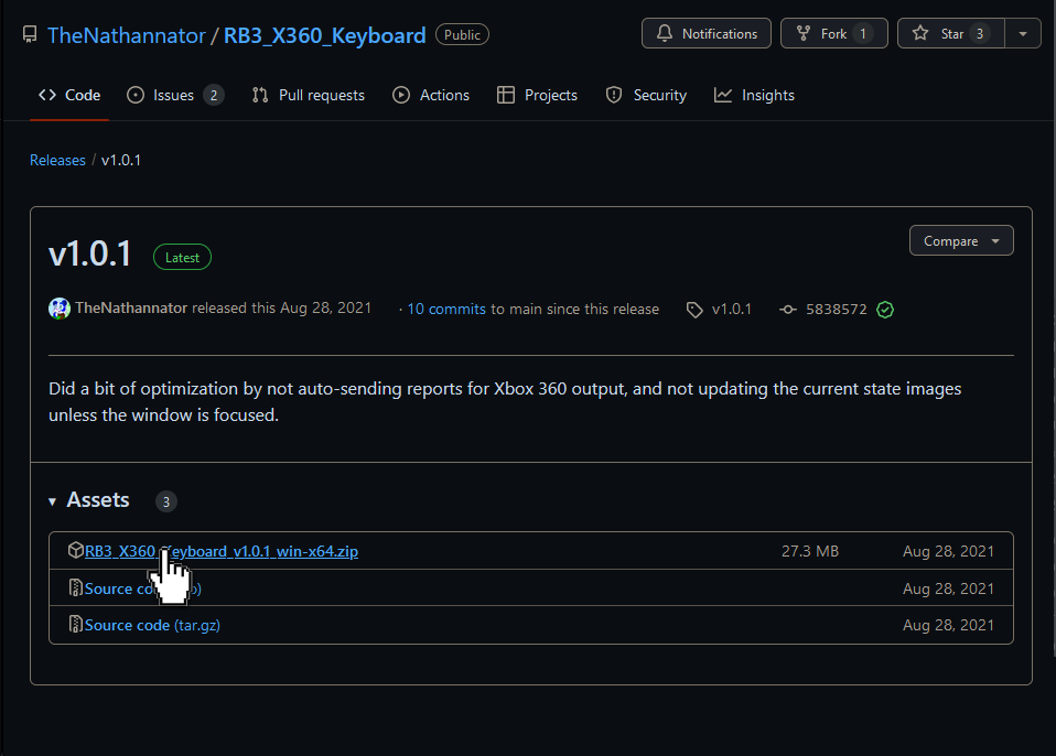 A screenshot of Github, showing a release for RB3_X360_Keyboard, with a cursor hovering the download.