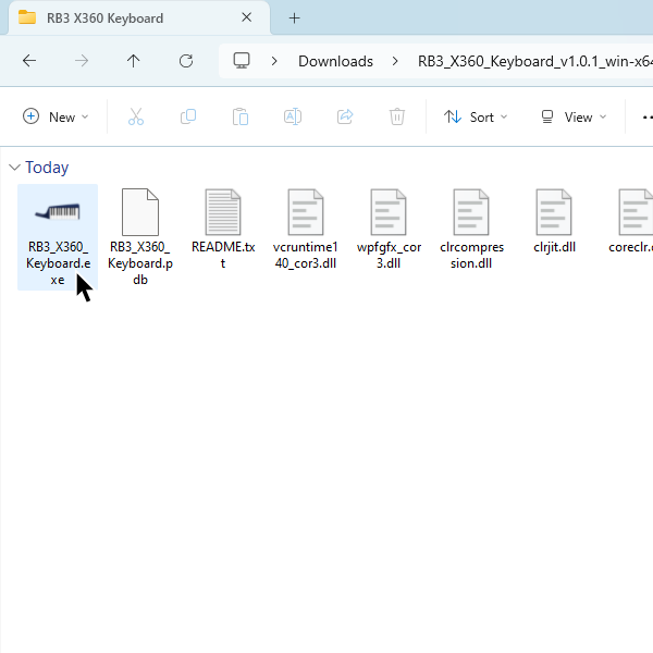 A screenshot of RB3_X360_Keyboard.exe in its folder, with a cursor hovering it.