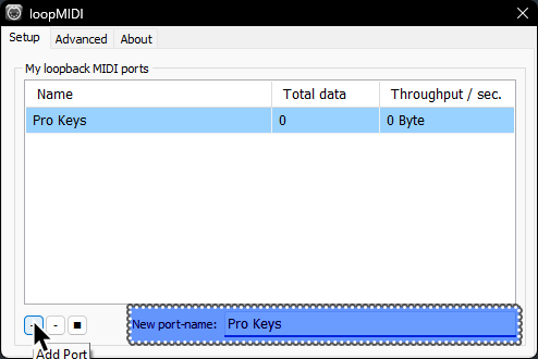 A screenshot of loopMIDI, with a mouse cursor over the Plus symbol for "Add Port". Additionally, "New port name" is highlighted in blue with a dotted outline, with "Pro Keys" typed out in the text field.