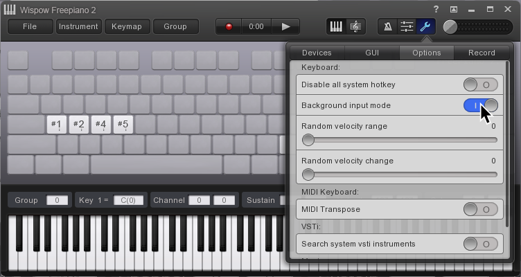 Una captura de FreePiano, con la opción de "Background input mode" activada.