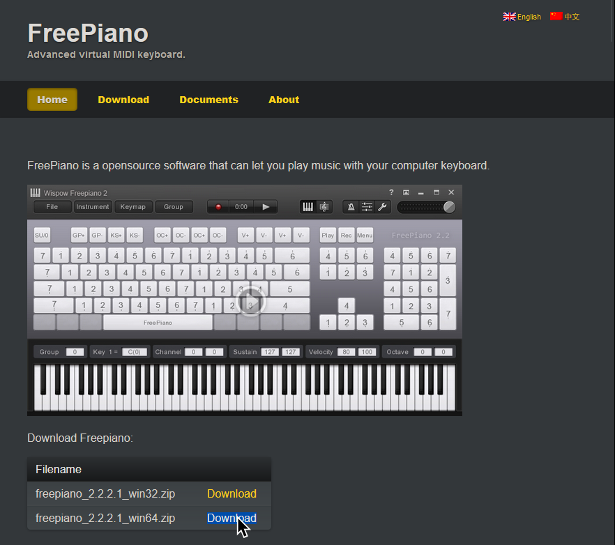 Una captura de la pagina de descargas de FreePiano.