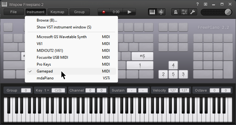 Una captura de el menú despegable de Instrumento dentro de Freepiano, con "Gamepad MIDI" seleccionado.