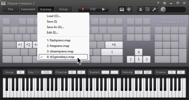 Una captura de FreePiano con el perfil de rb3gamekeys.map seleccionado.